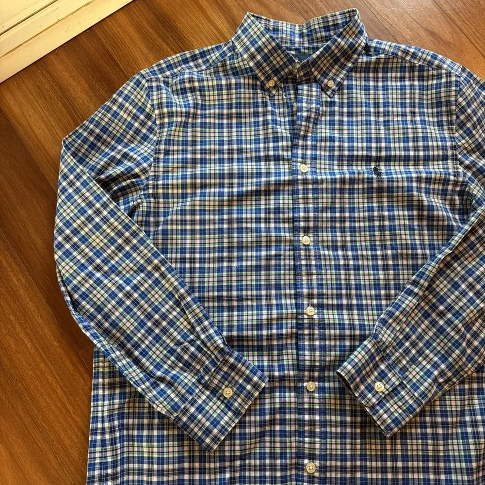 Ralph Lauren Natural Stretch Boys XL 18-20 Blue Green Checked Navy Horse